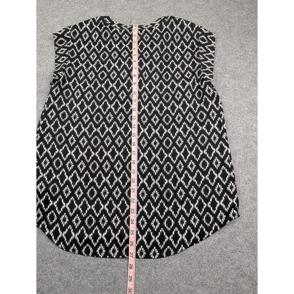 Hilary Radley Womens Black White Ikat Diamond Print Split Neck Blouse‎ Size Med